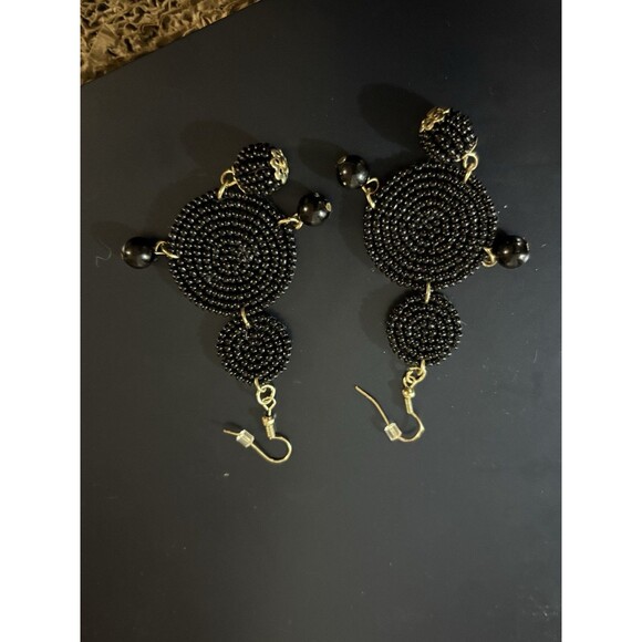 Beaded Drop Earrings Black, Seed Beaded Disc Drop Earrings, Statement 3.5” - Picture 8 of 10